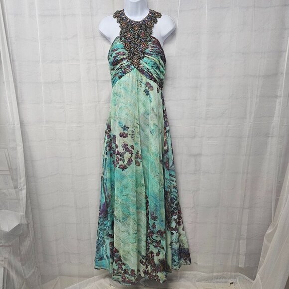 The Prom Shoppe Dress Teal Floral Beaded Choker Maxi Formal Prom 8 - Picture 1 of 16